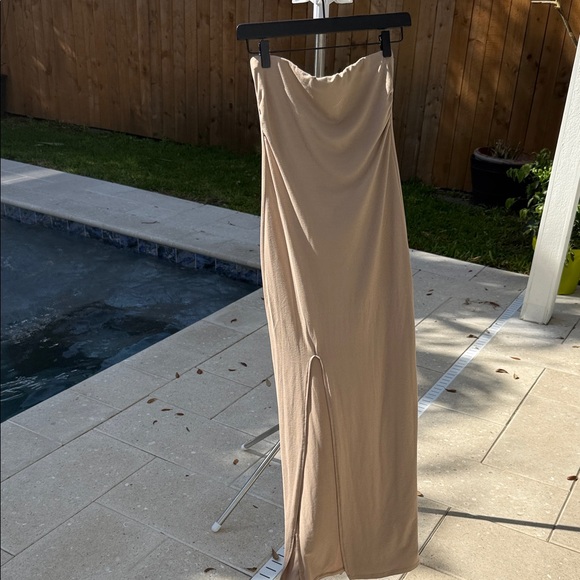Neutral Tan Strapless Maxi Dress with Side Slit - Picture 2 of 6